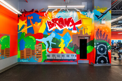 A new mural by Vincent Ballentine is unveiled at Blink's Riverdale location in the Bronx. It is one of five original murals by five NYC-area artists installed this month at select Blink Fitness locations in Manhattan, Brooklyn, the Bronx, and Queens.