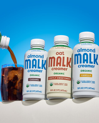 MALK's Vanilla Almond, Caramel Almond, and Lightly Sweetened Oat Plant-Based Creamers.