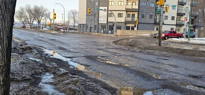 Potholes and Crumbling Pavement Along 18th Street in Brandon, Manitoba, was nominated as the 2024 CAA Worst Road in Manitoba. (CNW Group/CAA Manitoba)