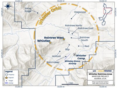 Figure 1: The Whistler-Raintree area, also referred to as the ‘Whistler Orbit’, in the northern part of the Whistler Project (see inset map top right) which comprises 53,700 acres contiguous State of Alaska mining claims. Large gold-colored stars indicate the location of existing mineral resource estimates: the Whistler and Raintree West deposits. The smaller black stars indicate prospective porphyry gold-copper exploration targets. (CNW Group/U.S. GoldMining Inc.)