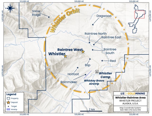 Figure 1: The Whistler-Raintree area, also referred to as the ‘Whistler Orbit’, in the northern part of the Whistler Project (see inset map top right) which comprises 53,700 acres contiguous State of Alaska mining claims. Large gold-colored stars indicate the location of existing mineral resource estimates: the Whistler and Raintree West deposits. The smaller black stars indicate prospective porphyry gold-copper exploration targets. (CNW Group/U.S. GoldMining Inc.) Figure 1: The Whistler-Raintree area, also referred to as the ‘Whistler Orbit’, in the northern part of the Whistler Project (see inset map top right) which comprises 53,700 acres contiguous State of Alaska mining claims. Large gold-colored stars indicate the location of existing mineral resource estimates: the Whistler and Raintree West deposits. The smaller black stars indicate prospective porphyry gold-copper exploration targets. (CNW Group/U.S. GoldMining Inc.)
