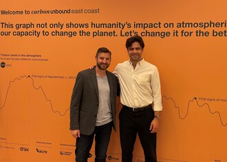 Yuri Mytko, CarbiCrete’s Chief Marketing Officer, and Ryan Stilson, 3Degrees Project Development Manager, at Carbon Unbound East Coast, where the two companies’ partnership was announced. (CNW Group/CarbiCrete Inc)