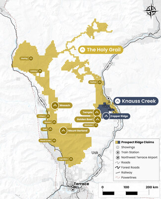 Figure 1: Location map with new showings. (CNW Group/Prospect Ridge Resources Corp.)