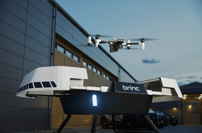 BRINC's new Responder drone deploying from Responder Station, a robotic charging nest designed to be placed throughout communities for fast response times.