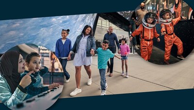 A smiling family of five depart the Canada Science and Technology Museum. On the lower left, a circular image shows a mother with a young child on her lap, pointing at something out of the frame at the Canada Agriculture and Food Museum. On the upper right, another circular image shows two children dressed in orange space suits walking in front of an exhibition at the Canada Aviation and Space Museum, with their father behind them. (CNW Group/Ingenium)