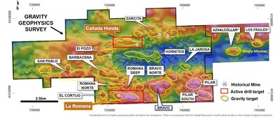 Figure 1 – Escacena Project gravity anomaly map showing copper-tin-silver La Romana and copper-gold Cañada Honda discoveries. (CNW Group/Pan Global Resources Inc.)