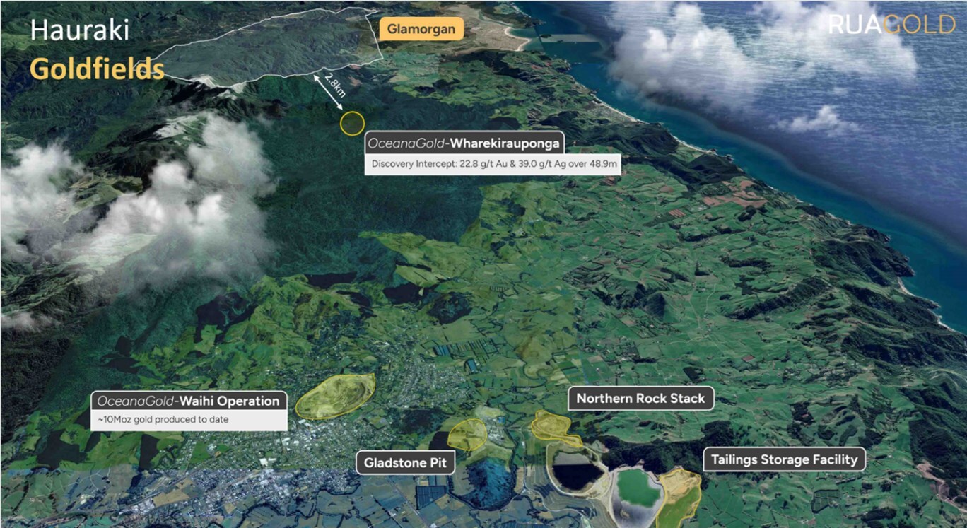 Figure 1: Overview of the Glamorgan Project in relation to OceanaGold’s Wharekirauponga Project. (CNW Group/Rua Gold Inc.) Figure 1: Overview of the Glamorgan Project in relation to OceanaGold’s Wharekirauponga Project. (CNW Group/Rua Gold Inc.)