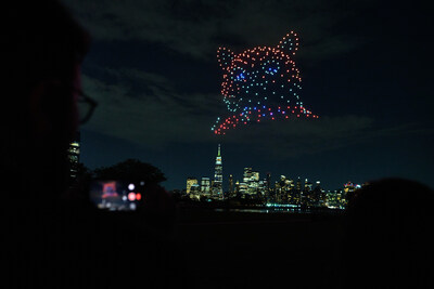 The LEGO Group blasts Unidentified Playing Objects (UPOs) above the New York City skyline on Wednesday, May 22, 2024. Inspired by kids' creative visions, the UPOs were debuted to families at a watch party at Maritime Parc in Jersey City with astronaut Kellie Gerard - photographer credit Michiel Rotgans 