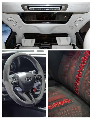 Hongqi Guoya interior (top), Hyundai Elantra N steering wheel and Zeekr 001 FR seating.