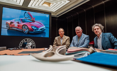 American Glynn Bloomquist (center), a U.S. customer of the new Alfa Romeo 33 Stradale, meets with Cristiano Fiorio (left), Alfa Romeo Strategic Project Responsible, and Alessandro Maccolini, Alfa Romeo Designer, during a visit to Italy.