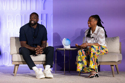 NBA Hall of Famer and Entrepreneur Dwyane Wade (left) joined stand-up comedian, writer, and actress Phoebe Robinson (right) at the Elevate Prize Foundation's Make Good Famous Summit to discuss how fame can ignite social change. While on-stage, Wade announced the launch of Translatable, a new digital platform that will serve as a community safe space for trans youth to express themselves, as well as provide educational tools for their support systems.