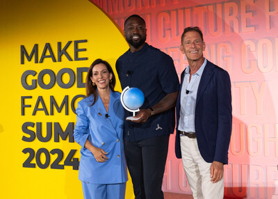 The Elevate Prize Foundation’s Founder Joseph Deitch and CEO Carolina García Jayaram presented NBA Hall of Famer and Entrepreneur Dwyane Wade with the Elevate Prize Catalyst Award at the Make Good Famous Summit on Miami Beach in recognition of his advocacy for the transgender community and for his work with the Wade Family Foundation. Pictured from left to right: García Jayaram, Wade, and Deitch.