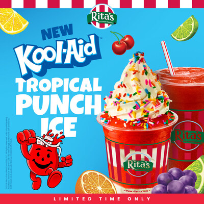 Rita's Kool-Aid Tropical Punch Italian Ice featuring the Rita's Kool-Aid Tropical Punch 5-Layer Gelati & Kool-Aid Tropical Punch Ice Blender