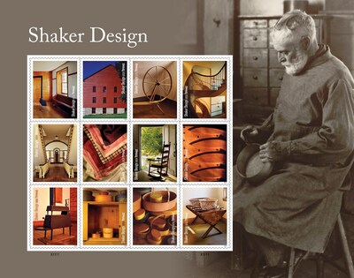The 12 Shaker design stamps feature photographs by Michael Freeman and the pane selvage features a black-and-white photograph by Samuel Kravitt of Brother Ricardo Belden (1868–1958) in his workshop at Hancock Shaker Village in Pittsfield, Massachusetts.