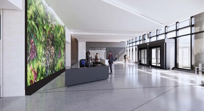 The FNB Financial Center lobby makes an impressive statement with an expansive digital screen.