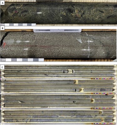 Figure 2 - Mineralized intervals and core samples of hole TS-24-20, including A) Copper-rich sample with significant chalcopyrite associated with amphibole-epidote alteration at 1421.5m; B) Zinc-rich sample with sphalerite occurring in the groundmass to euhedral pyrite crystals at 1349.7m; and C) Thick copper-rich interval of massive sulphide from 1396 to 1413m, dominated by pyrite and chalcopyrite. (CNW Group/Foran Mining Corporation)