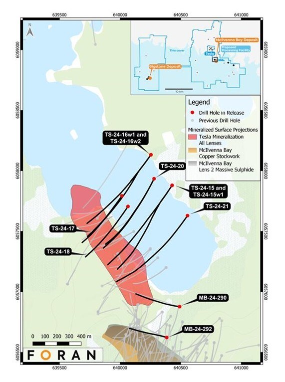 Figure 1 – Plan View of the Tesla Zone and Bridge Zone with location of drillholes referred to in this news release, also showing the surface projections of interpreted Tesla and McIlvenna Bay lenses. (CNW Group/Foran Mining Corporation) Figure 1 – Plan View of the Tesla Zone and Bridge Zone with location of drillholes referred to in this news release, also showing the surface projections of interpreted Tesla and McIlvenna Bay lenses. (CNW Group/Foran Mining Corporation)
