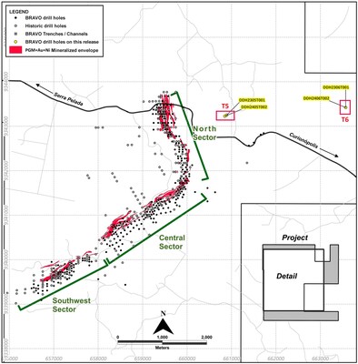 Figure 6: Location of Bravo Drilling at the T5 and T6 targets, reported in this News Release (CNW Group/Bravo Mining Corp.)