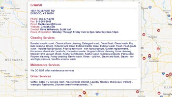 Screenshot of tank wash facility details in the Tank Wash Finder.