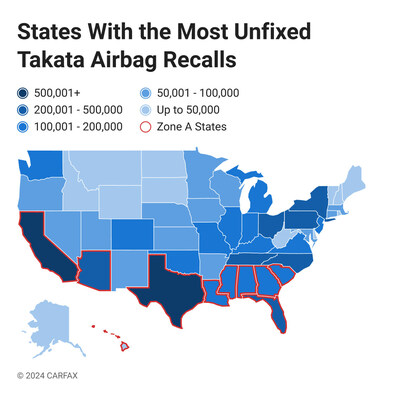 Map of states where vehicles have unfixed Takata airbags.