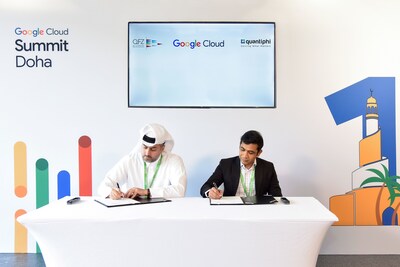 Quantiphi, Co-Founder Ritesh Patel and Qatar Free Zones (QFZ) CEO
Sheikh Mohammed Bin Hamad Bin Faisal Al-Thani, sign an agreement to establish a global technology hub in QFZ to meet the surging demand for AI and generative AI enterprise solutions, in the presence of QFZ, Quantiphi and Google Cloud senior executives.