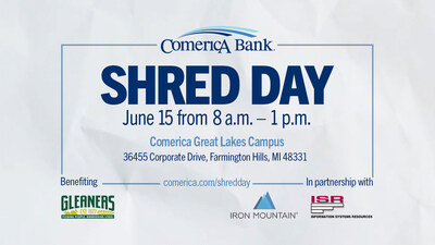 The 2024 Comerica Bank Metro Detroit Shred Day is scheduled for Saturday, June 15 from 8 am - 1 pm at its Great Lakes Campus in Farmington Hills, MI.