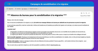 Campagne nationale visant à encourager les Canadiennes et Canadiens à activer leur message d'absence du bureau pendant le mois de sensibilisation à la migraine