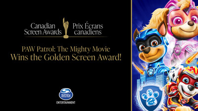 Spin Master’s powerhouse franchise PAW Patrol brings home its second Golden Screen Award for Feature Film, this time for its latest theatrical PAW Patrol: The Mighty Movie. Presented by the Academy of Canadian Cinema & Television. (CNW Group/Spin Master Corp.)
