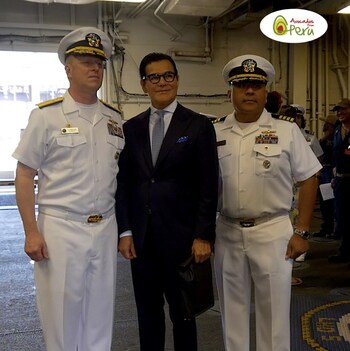 Pictured L to R: Rear Admiral Tom Moninger, Commander, Carrier Strike Group 12, Xavier Equihua, President and CEO of the Peruvian Avocado Commission, Captain Rod Jacobo, Executive Officer, USS Bataan.