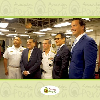 Pictured L to R: Víctor García Toma, Peruvian Ambassador to the UN, Vice Admiral Douglas Perry, Commander, U.S. 2nd Fleet, Xavier Equihua, President and CEO of the Peruvian Avocado Commission.