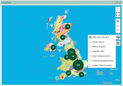 Layered geographic map of the UK as seen in Flowfinity data visualization dashboard in version 24.1