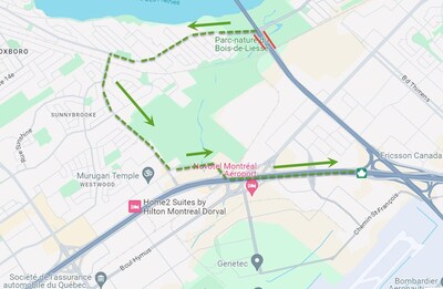 Les automobilistes de transit sont invités à utiliser le chemin de détour suivant (flèches en vert sur la carte) (Groupe CNW/Ville de Montréal)
