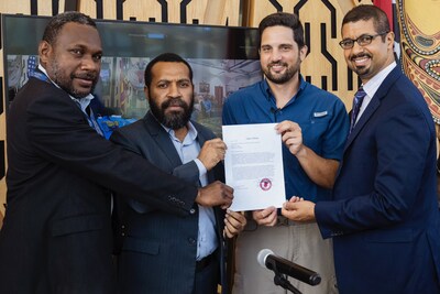 Poplar/Madang Sister City Letter of Intent signed and sealed. LEFT TO RIGHT: Francis Tavatuna⁩, First Secretary for the Governor of Madang; Madang Governor Ramsey Pariwa; Justin Taylan, Director of Pacific Wrecks; Damian Wampler, Head of Public Affairs, U.S. Embassy Port Moresby. PHOTO: PACIFIC WRECKS/JOEL CARILLET