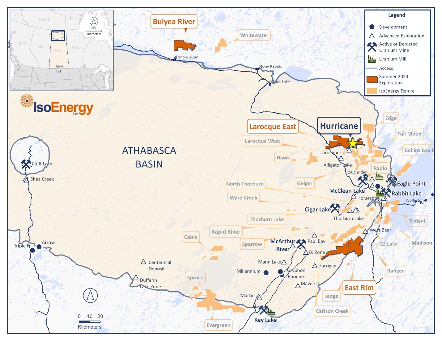 Figure 1 – Location map of the Hurricane deposit and exploration projects in the eastern Athabasca Basin. (CNW Group/IsoEnergy Ltd.)