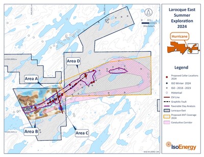 Figure 2 – Location of Larocque East project summer 2024 drilling at Target Areas A, B, C and D. (CNW Group/IsoEnergy Ltd.)