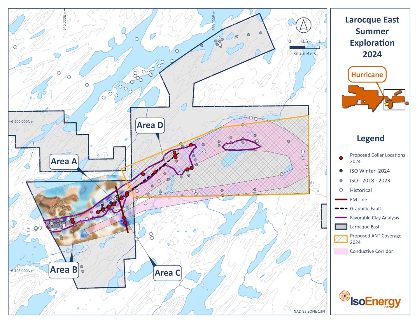Figure 2 – Location of Larocque East project summer 2024 drilling at Target Areas A, B, C and D. (CNW Group/IsoEnergy Ltd.)