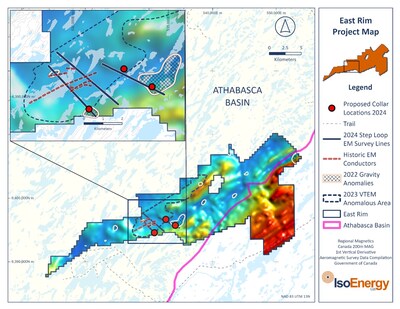 Figure 3 – East Rim project map showing the locations of the summer 2024 planned diamond drilling. (CNW Group/IsoEnergy Ltd.)