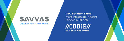 Savvas Learning Company, a next-generation K-12 learning solutions leader, is proud to announce that CEO Bethlam Forsa has been named the “Most Influential Thought Leader in EdTech” by the 2024 SIIA CODiE Education Technology Awards.