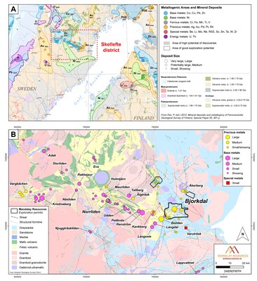 Figure 1. Metallogenic Map of northern Sweden highlighting the location of the Skellefte district (A) and the Geological map of the Skellefte District displaying Mineral Deposits (B) as described in the Fennoscandian Ore Deposit Database (FODD, Eilu 2012). (CNW Group/Mandalay Resources Corporation)