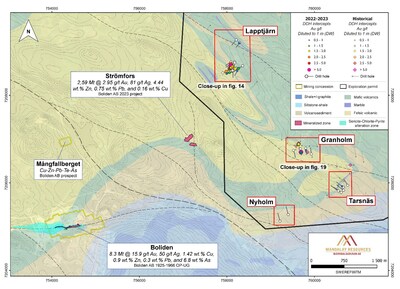 Figure 3. Geological map showing the geographic relationship between recently drilled targets and identified VMS mineralisation in the area. Mercier-Langevin et al. (2012). Strömfors after Boliden AB 2023 summary report. (CNW Group/Mandalay Resources Corporation)