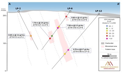 Figure 5. Cross Section+/- 10 m, along LP-2, LP-6 and LP-12. See figure 4 for location. Composited intercepts that, when diluted to 1m, grade above 2g/t are annotated. (CNW Group/Mandalay Resources Corporation)