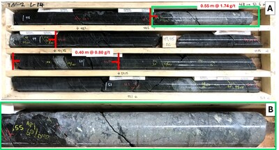 Figure 10. Drill core photos from TN-2 showing 1.74 g/t gold over 0.55 m (ETW 0.48 m) intercept (A). Close-up of arsenopyrite rich quartz vein (B).
