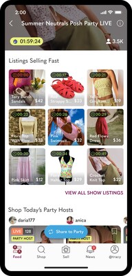 Discover curated listings, sellers, and live shows via the reimagined Posh Party LIVE feed - image courtesy of Poshmark