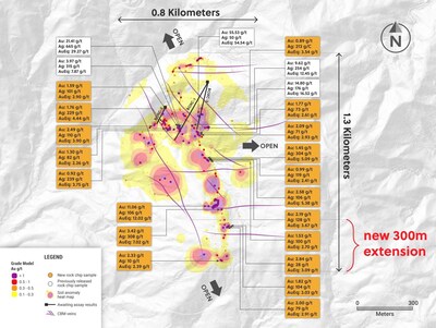 Figure 1: Plan View of The Box Target as Defined by Soil Anomalies, Rock Chip Samples and Surface Geology Mapping with New Assay Results (CNW Group/Collective Mining Ltd.)