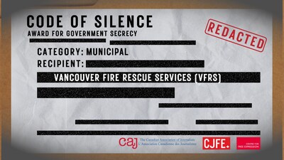 The Code of Silence Awards are presented annually by the CAJ, the Centre for Free Expression at Toronto Metropolitan University (CFE), and the Canadian Journalists for Free Expression (CJFE). The awards intend to call public attention to government or publicly funded agencies that work hard to hide information to which the public has a right under access to information legislation. (CNW Group/Canadian Association of Journalists)