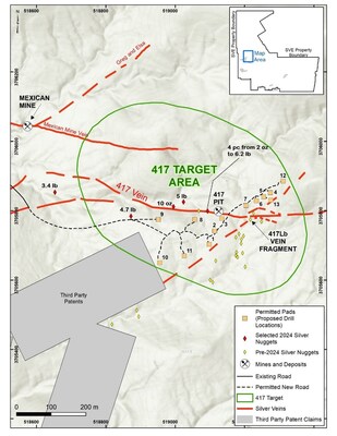 Figure 4. 417 Area map showing the location of selected silver fragments found along the western portion of the 417 Vein.Permitted drill pads within the high-grade silver target are shown with orange squares.