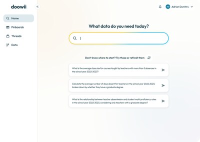 Doowii's Application Landing Page, where educators can search for data result using just natural language