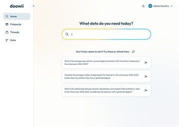 Doowii's Application Landing Page, where educators can search for data result using just natural language