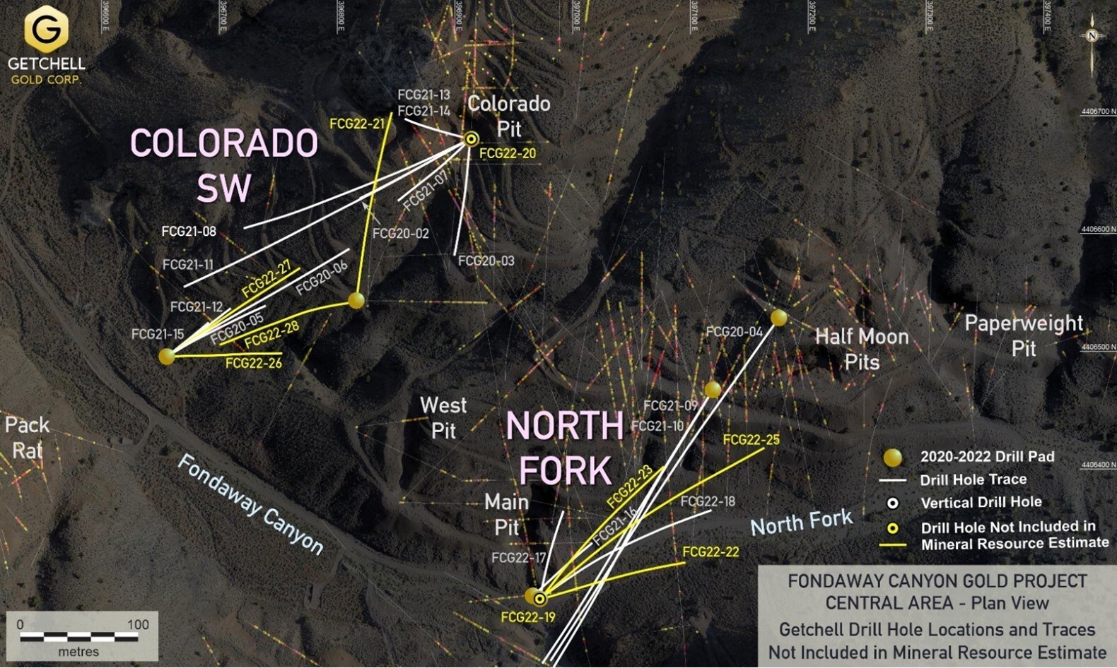 Figure 1: Fondaway Canyon Gold Project – Drill Hole Location Plan Map of holes not included in the MRE (CNW Group/Getchell Gold Corp.) Figure 1: Fondaway Canyon Gold Project – Drill Hole Location Plan Map of holes not included in the MRE (CNW Group/Getchell Gold Corp.)