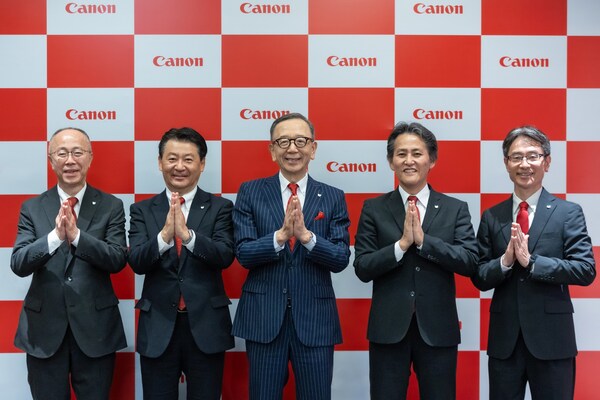 (From Left to Right) Mr Kazunori Iwamoto, Advisory Director of Canon Inc., Deputy Chief Executive of Optical Products Operations of Canon Inc., Unit Executive of Semiconductor Production Equipment Unit of Canon Inc., Mr Tiger Ishii, Executive Officer, Canon Inc., President & COO, Canon Marketing Asia, President & CEO, Canon Singapore Pte. Ltd., Mr Howard Ozawa, Executive Vice President, Canon Inc., Chief Representative, Canon Asia Group, Chairman & CEO, Canon Marketing Asia, President & CEO of Canon (China) Co., Ltd.,  Mr Manabu Yamazaki, President and CEO, Canon India, and Mr Koh Yamada, President, Canon Medical Systems India Pvt. Ltd., at the Canon Presidents Meet in Mumbai where Canon announced significant expansion of core business in India, alongside strengthening Industrial and Medical Business.